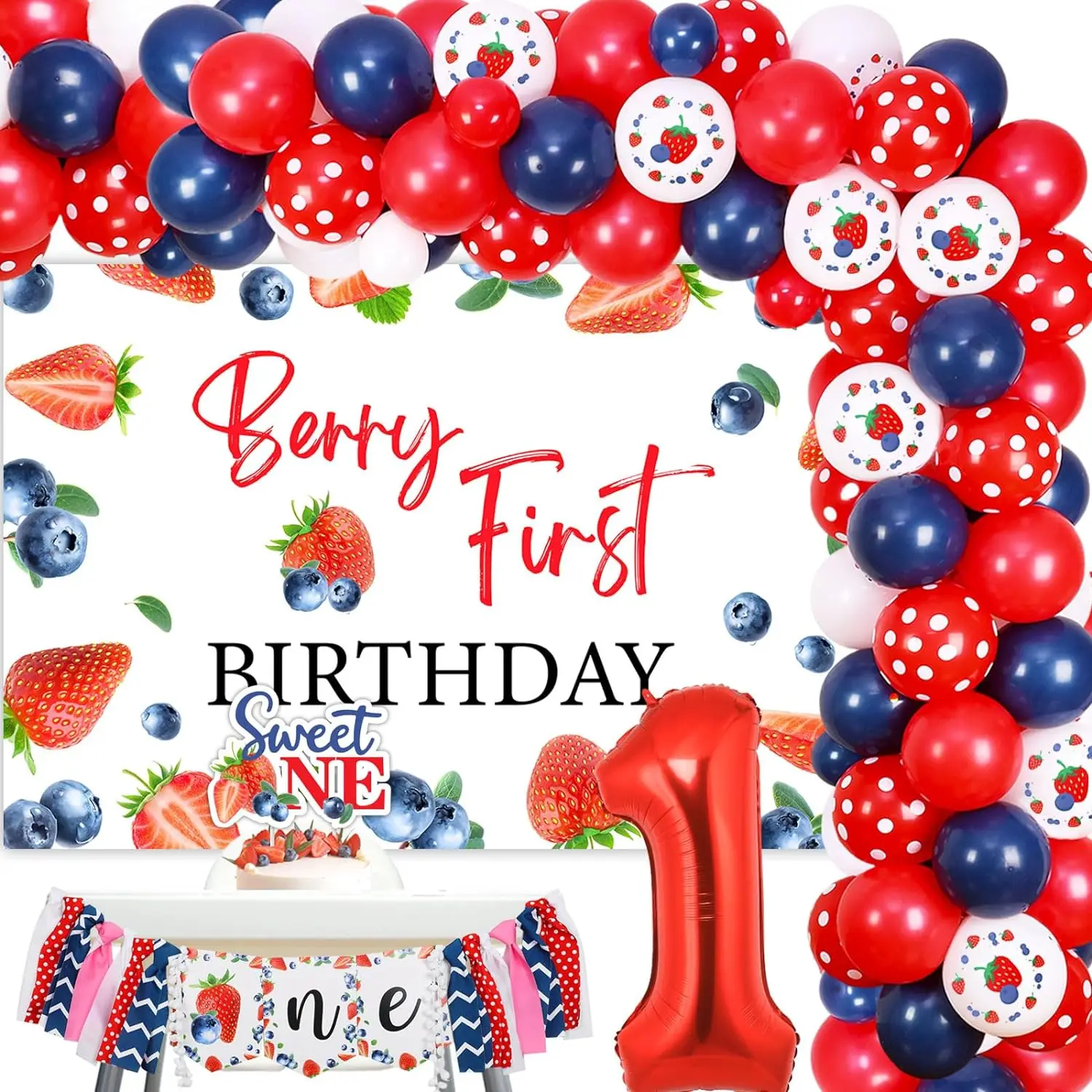 Berry First Birthday Party Decor Strawberry Blueberry 1st Birthday Sweet One Balloon Garland Arch with Backdrop Cake Topper