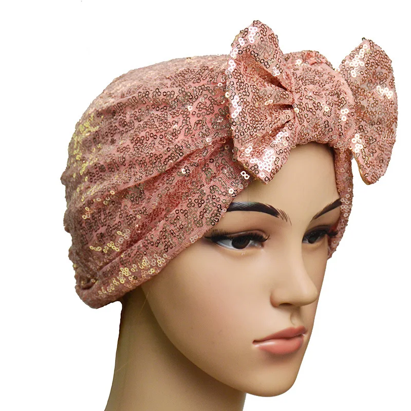 2024 Trendy Women Bowknot Sequin Turban Hat Muslim Headwear Bonnet India Cap Female Headscarf Lady Hair Cover Accessories