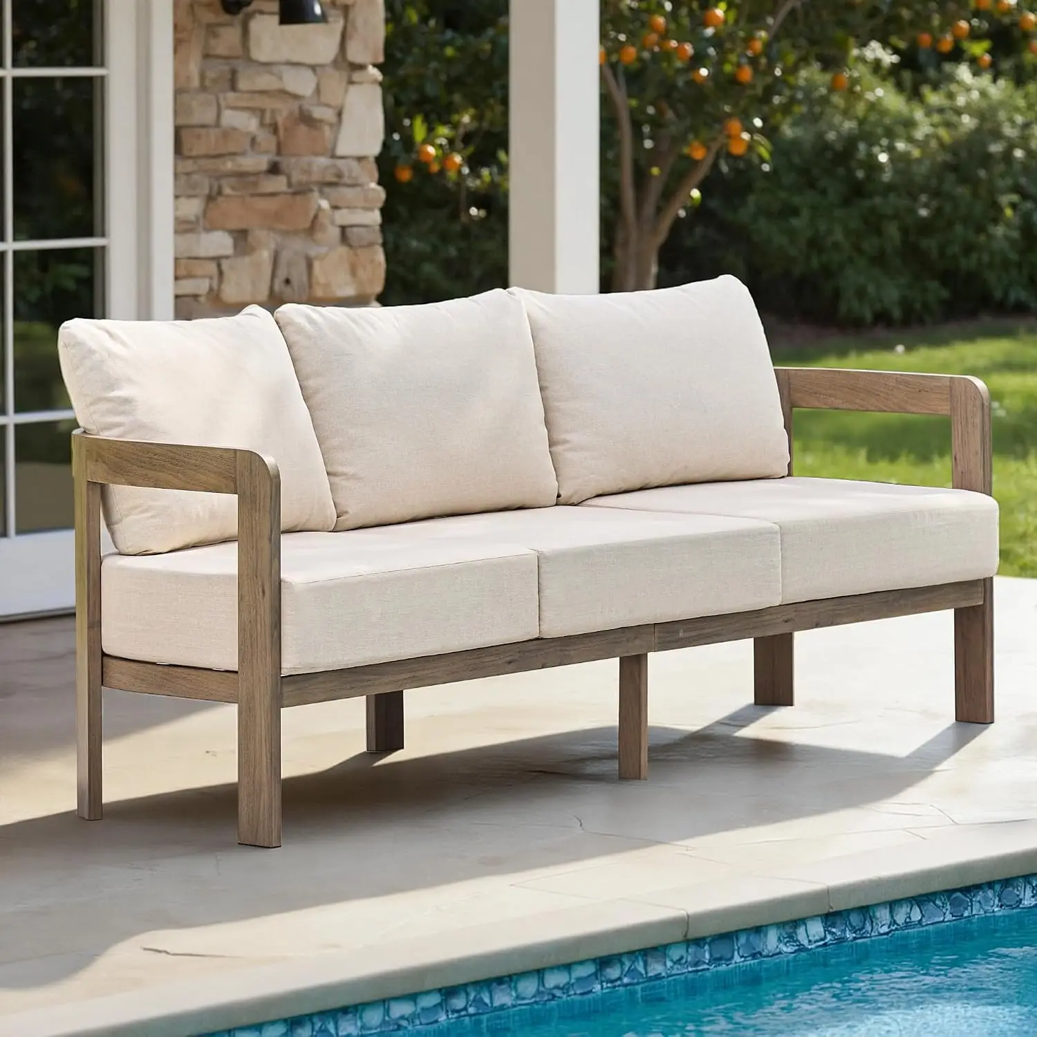 3-Seat Metal Outdoor Patio Couch with 6 Inch Cushion, Beige, Customized