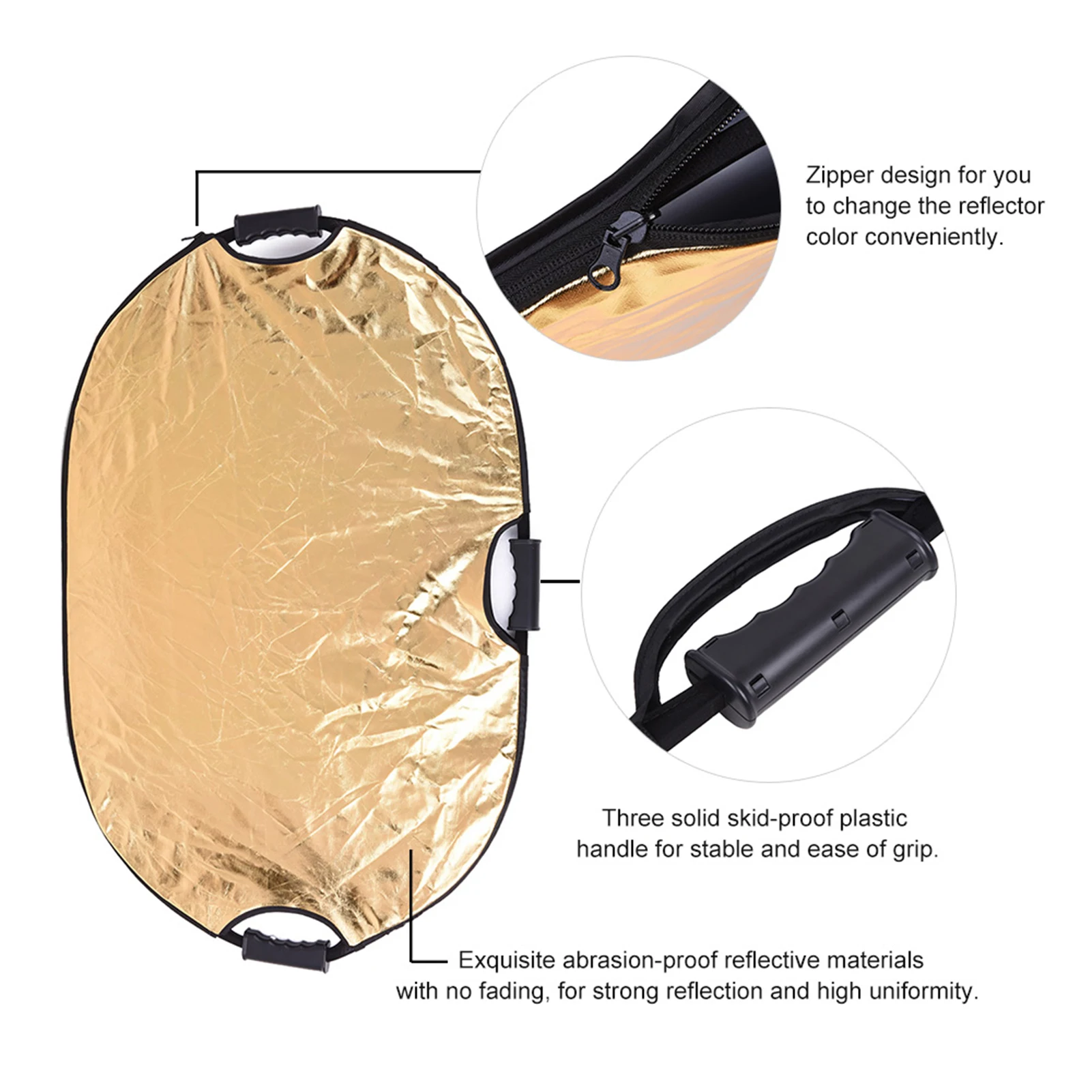 90*60cm Portable Handheld Oval Collapsible 5in1 Multi Reflector with Gold/Sliver/White/Black/Translucent Colors for Photo Studio