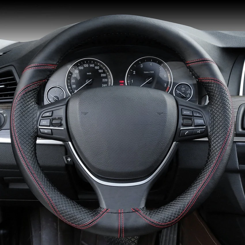 Car Steering Wheel Cover Soft Genuine Leather Anti-wear Steering Wheel Cover 100% Cowhide Braid With Needles Thread