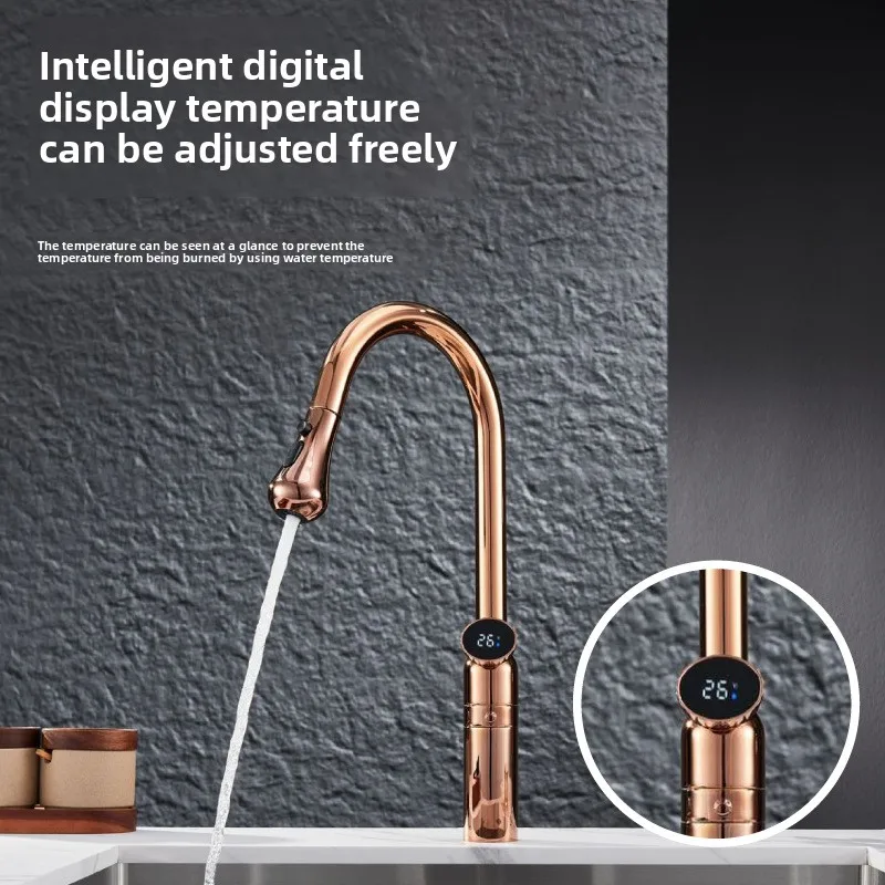 3 Modes Kitchen Faucet Rose Gold 360 Swivel Pull Down Sink Faucets LED Temperature Display High-arc Hot Cold Mixer Tap