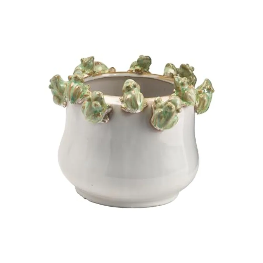 

Stoneware Planter with Frogs on Rim and Reactive Glaze Green and White
