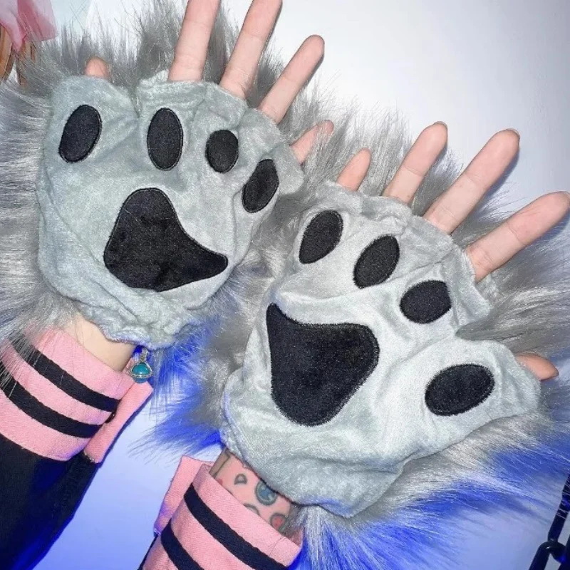 1Pair Handmade Cute Y2K Spicy Girl Cat Paw Gloves Furry Lolita Japanese Style Autumn Winter Warm Women's Fingerless Gloves