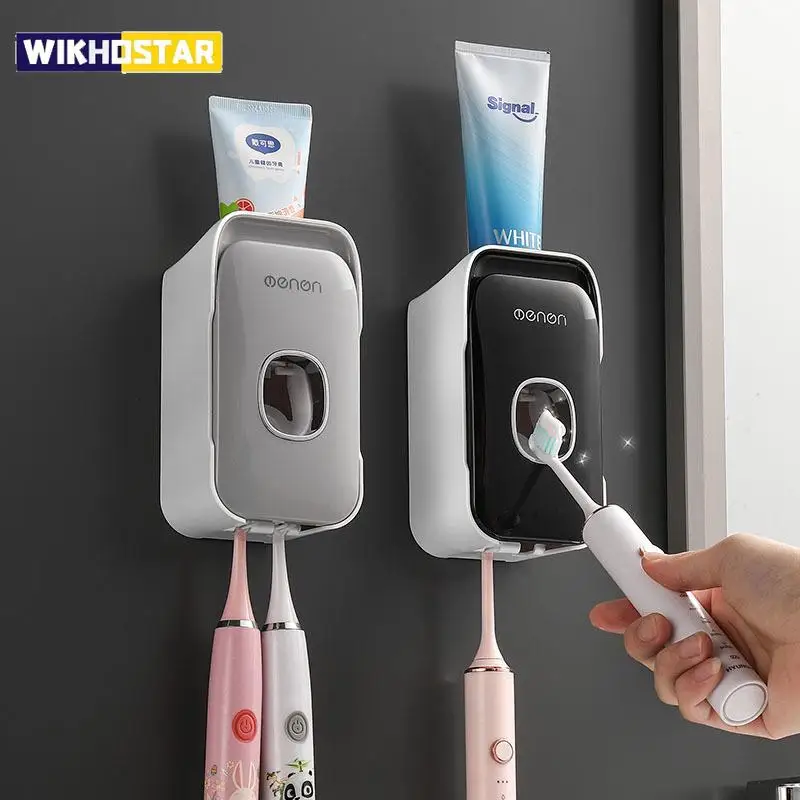 WIKHOSTAR Automatic Toothpaste Dispenser Toothbrush Holder Wall Mount Toothbrush Storage Rack Toothpaste Squeezer