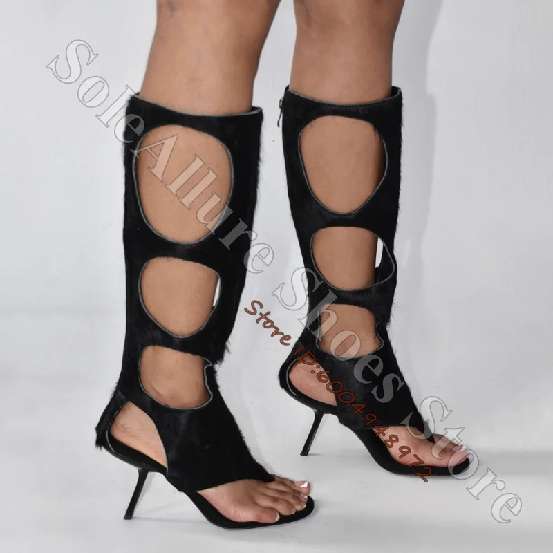 Genuine Pony Hair Cutout Knee High Stiletto Sandal Boots Multi Oval Hollow Open Toe Side Zipper Slim Heel Lady Boors