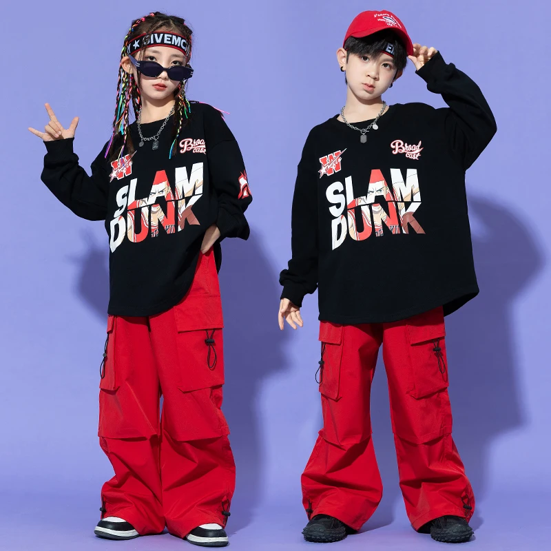 

Kids Hip Hop Clothing Red Sweatshirt Cargo Pants Boys Street Dance Outfits Girls Streetwear Children Jazz Sport Costume Clothes