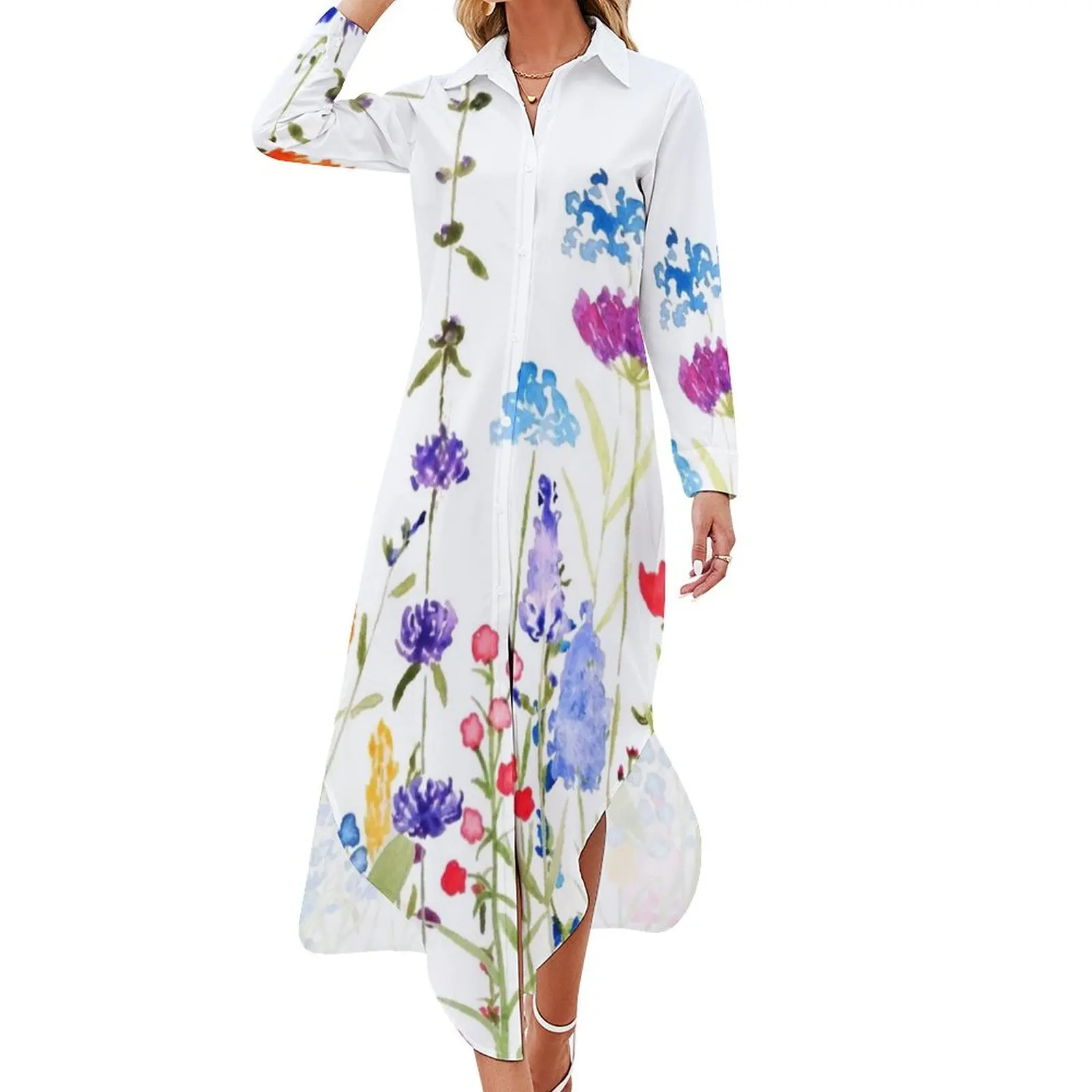 

hand painted colorful wild flowers watercolor painting Long Sleeved Shirt Dress prom dress 2024 elegant women's sets