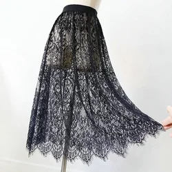 Mulheres sexy malha renda transparente longa saia de tule moda coreana verão senhoras elástica cintura alta preto branco praia midi saia