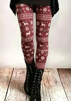 Women Nordic Fair Isle Leggings Burgundy White Reindeer Snowflake Christmas Print Stretchy Slim Fit Pants Winter Skinny Trousers