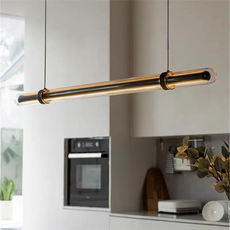 

Designer Long Glass Tube chandelier Luxury linear lamp for Dining Room Black Led Modern Minimalist Bar Kitchen Leather lamp