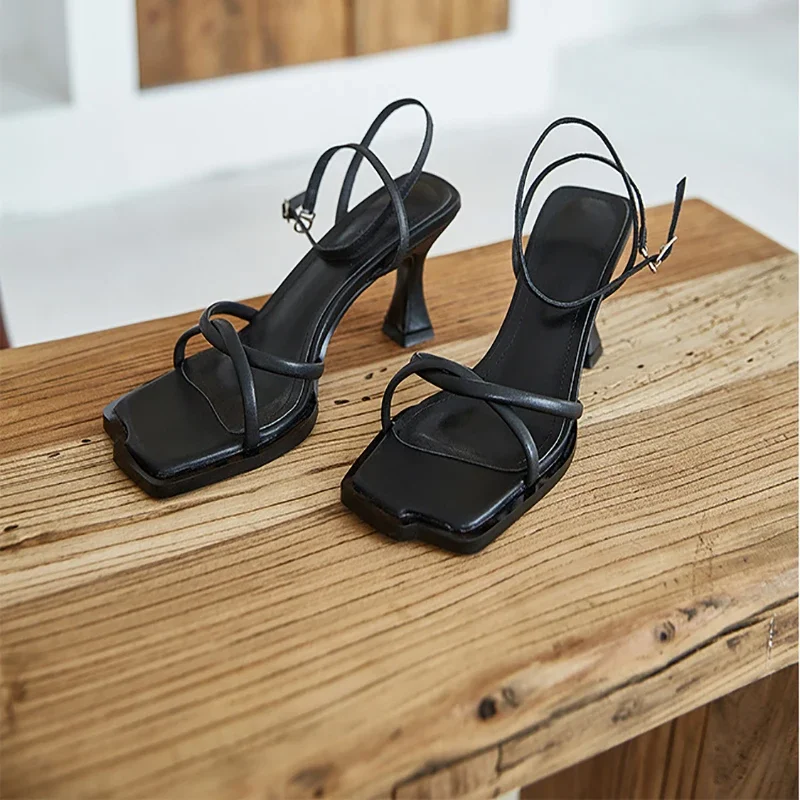 2023 Summer Narrow Band Heel Sandals Women Thick Heel 7 CM Ankle Strap Fashion Square Toe Ladies Dress Sandalias Women's shoes