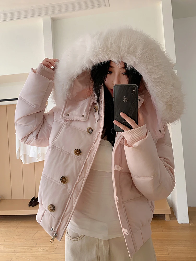 

Розовые милые женские пышные парки, зимние теплые повседневные милые хлопковые пальто в консервативном стиле, корейская модная куртка с капюшоном из искусственной лисы с длинными рукавами