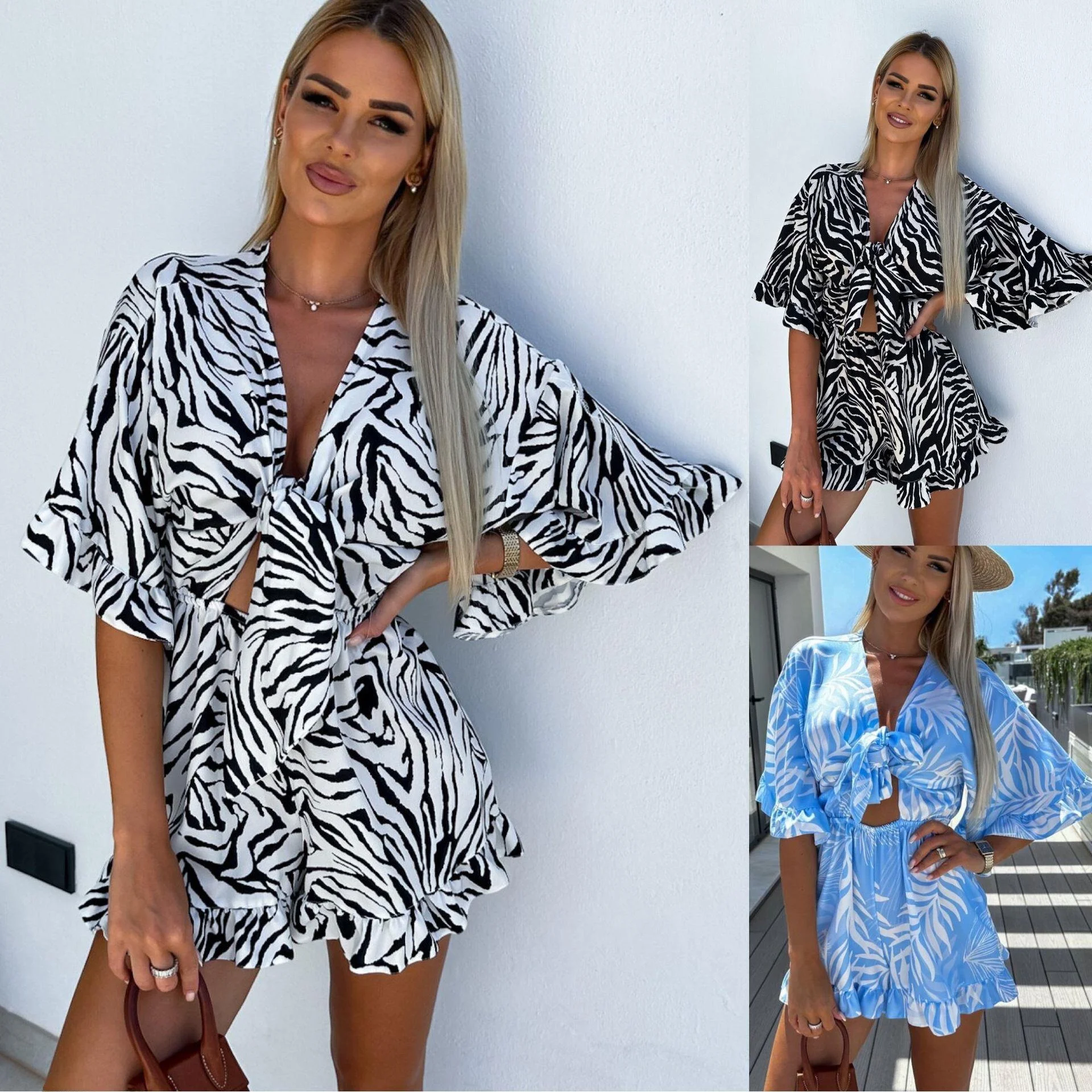 

Women's Zebra Print Ruffle Jumpsuit Drop Shoulder Low Waist Short Pants Thin Fabric Autumn Low Waist Jumpsuit