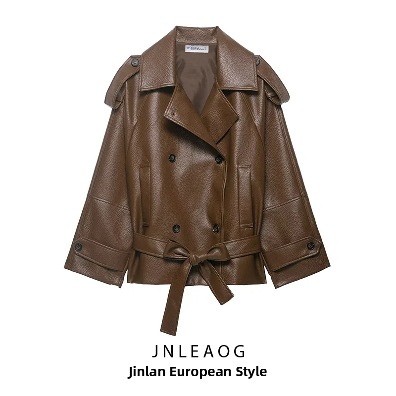 JNLEAOG Autumn New Style Short Leather Jacket Women's Commuter Personality Daily Coat Polyester Fabric Long Sleeve Pure Color