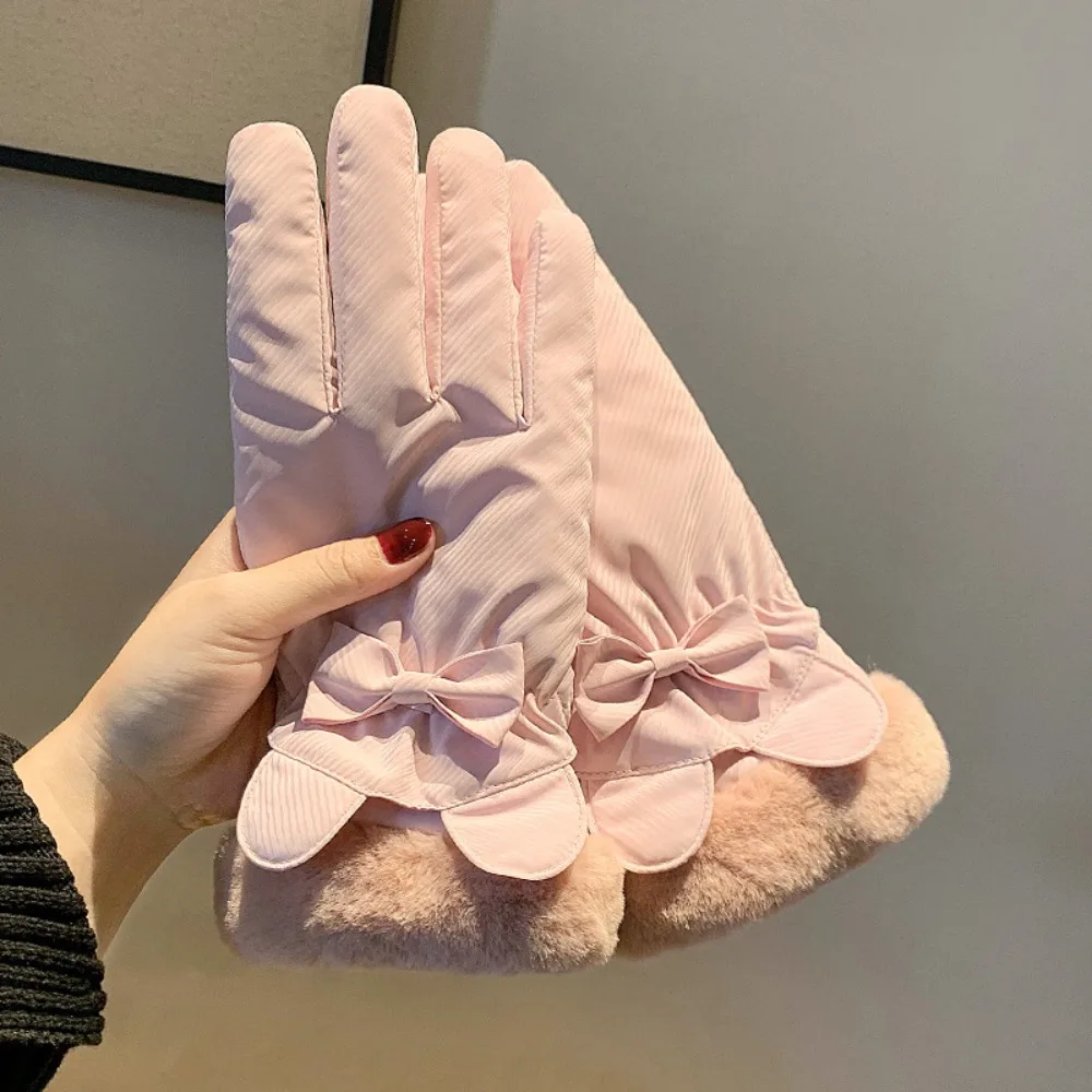 Cute Down Cotton Bow Anti-cold Mittens Touch Screen Soft Plush Thickened Gloves Solid Color Keep Warm Ears Finger Mittens Kids