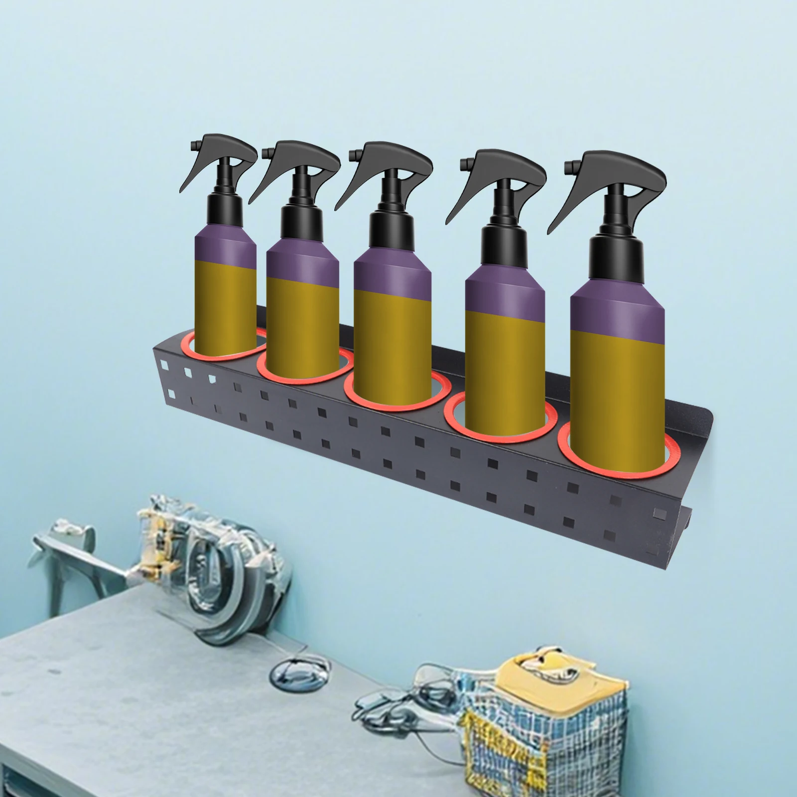 

Wall-Mounted Spray Bottle Storage Rack, Steel & PP Spray Bottle Storage Rack for Organizing Watering Cans, 600x120x85mm