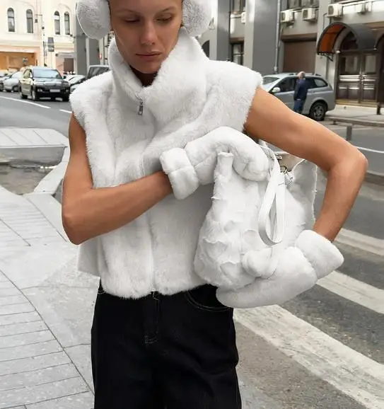 

Women's Solid Color Sleeveless Zipper Vest Imitating Mink Fur High Neck Loose Plush Jacket for Autumn And Winter