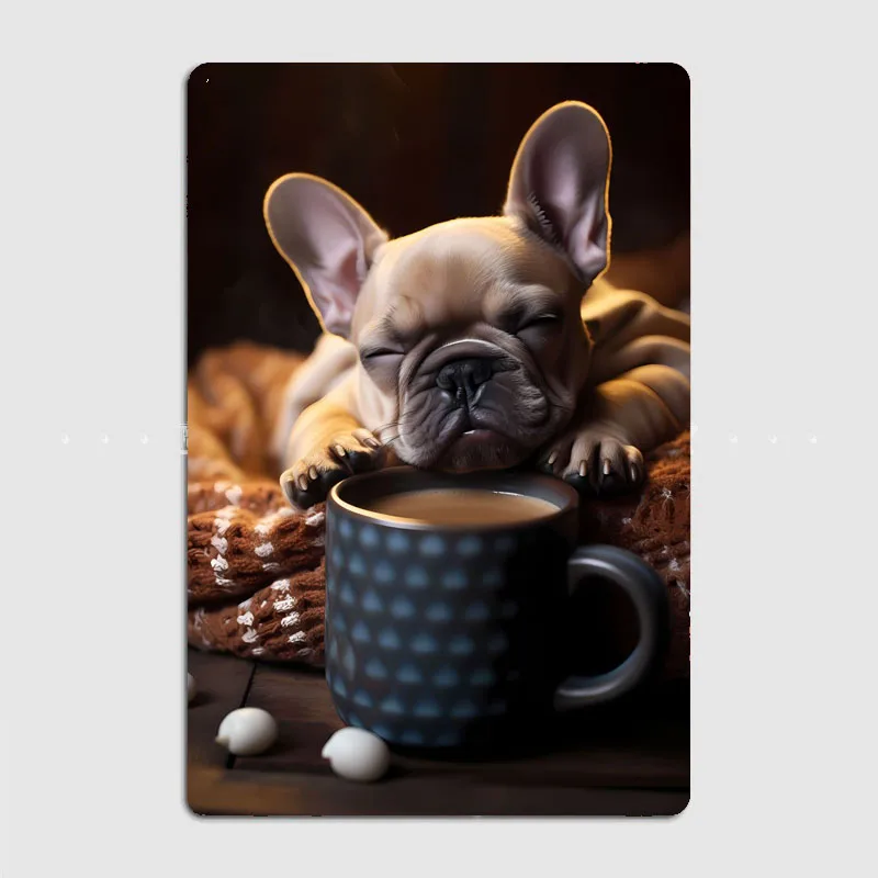 French Bulldog Pup Coffee Posters Metal Sign Poster Garage Room Wall Art Decorations Living Custom Tin Vintage  Home Decor