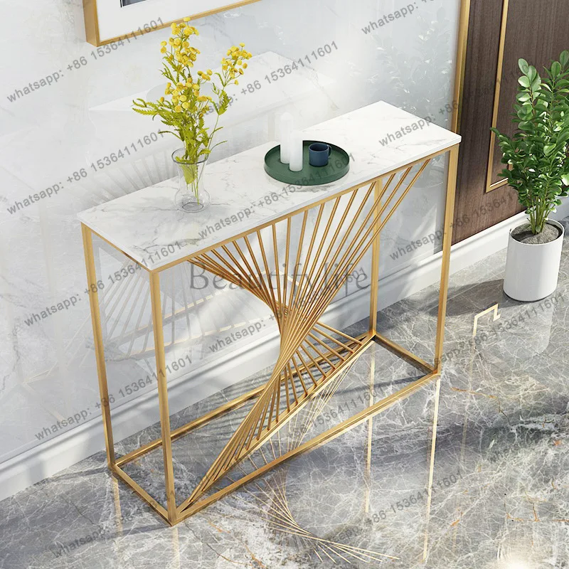 YJ Nordic Gold Marble Entrance Table Against The Wall Strip Light Luxury Simple Entrance Platform Corridor Aisle Iron Decoratio