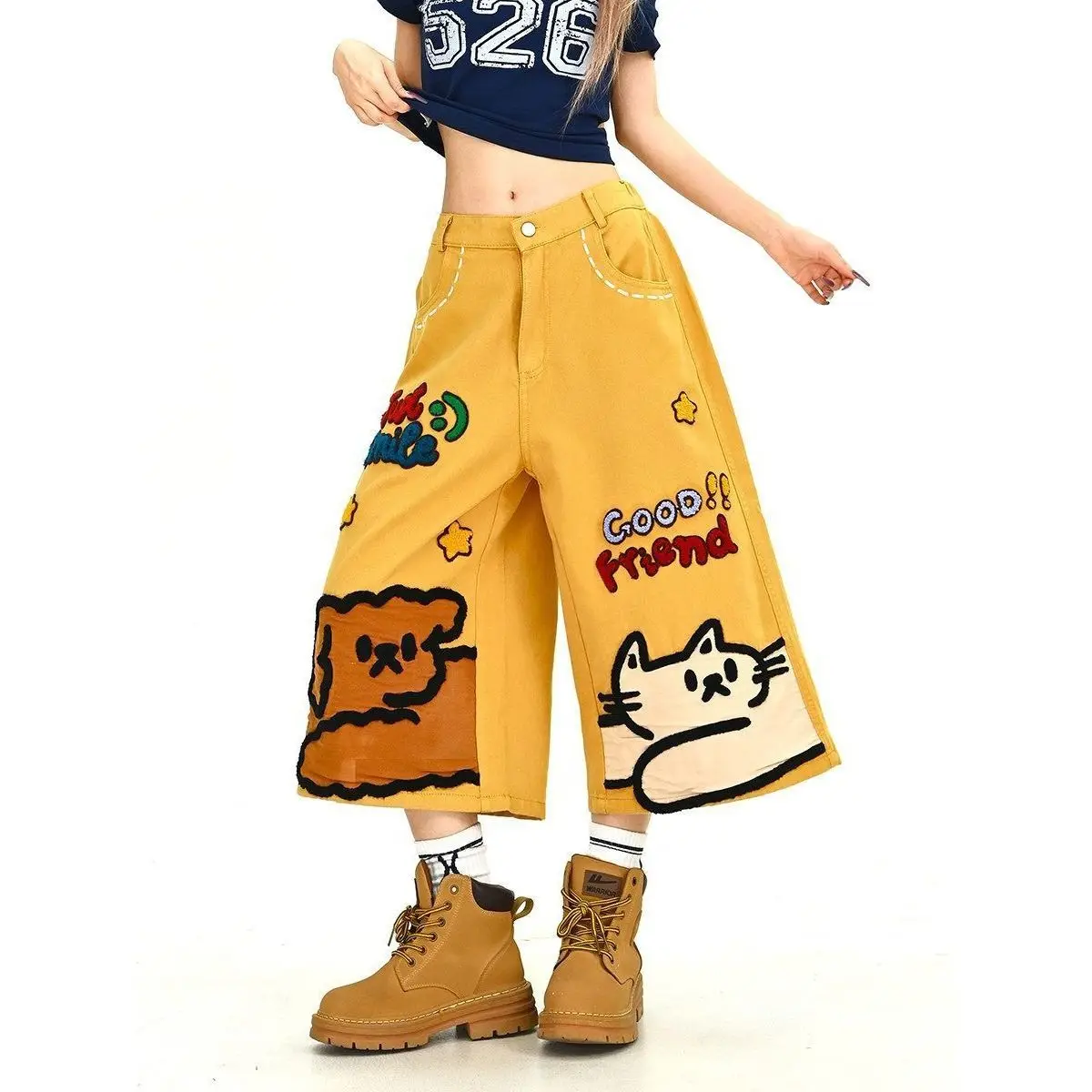 

Small cartoon cat and dog denim cropped pants women's 2026 summer new loose bf American double trend jeans