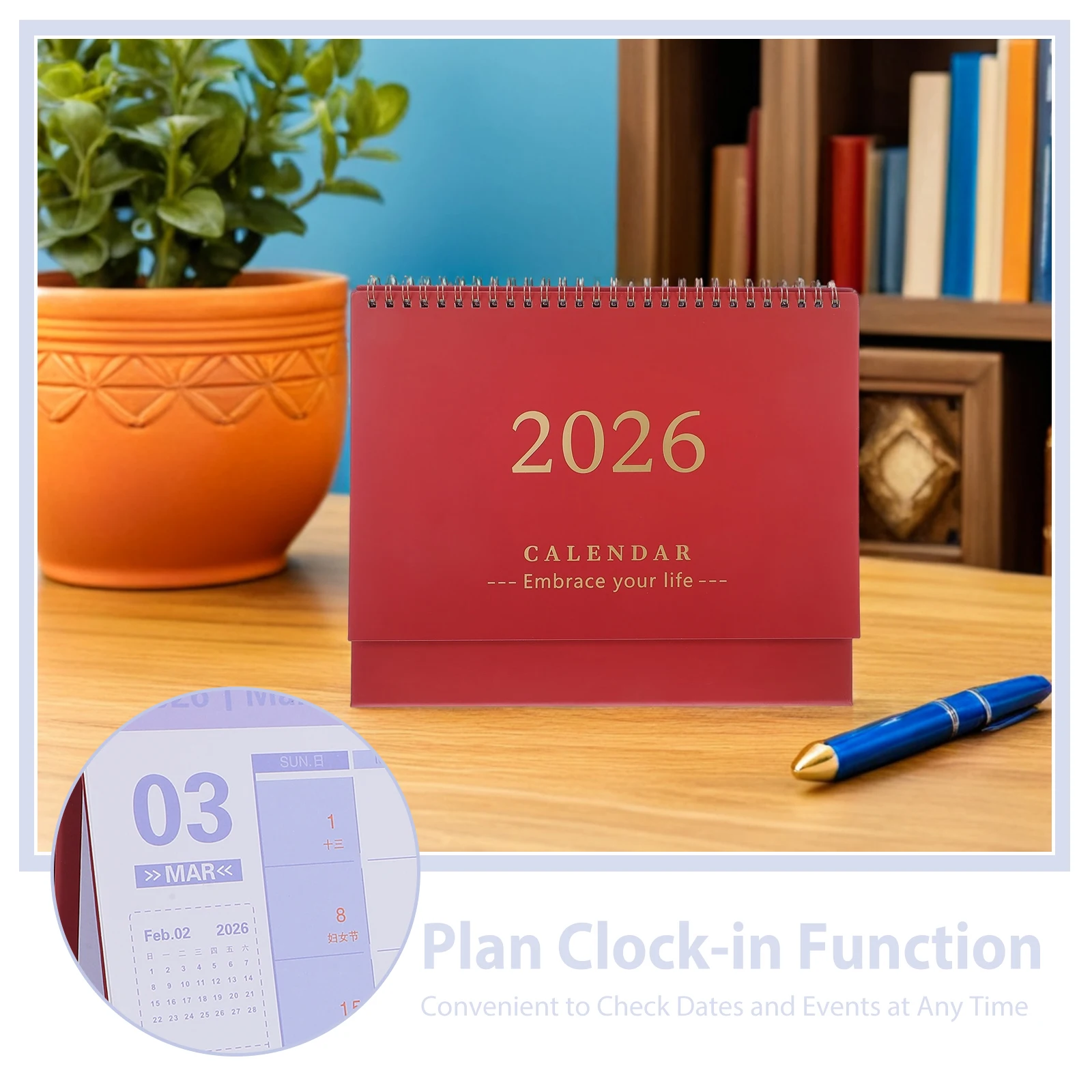 2026 Desk Calendar Red Minimalist Daily Flip Planner Thick Paper Coil Binding Standing Table Calendar For Office Home 2026 Daily