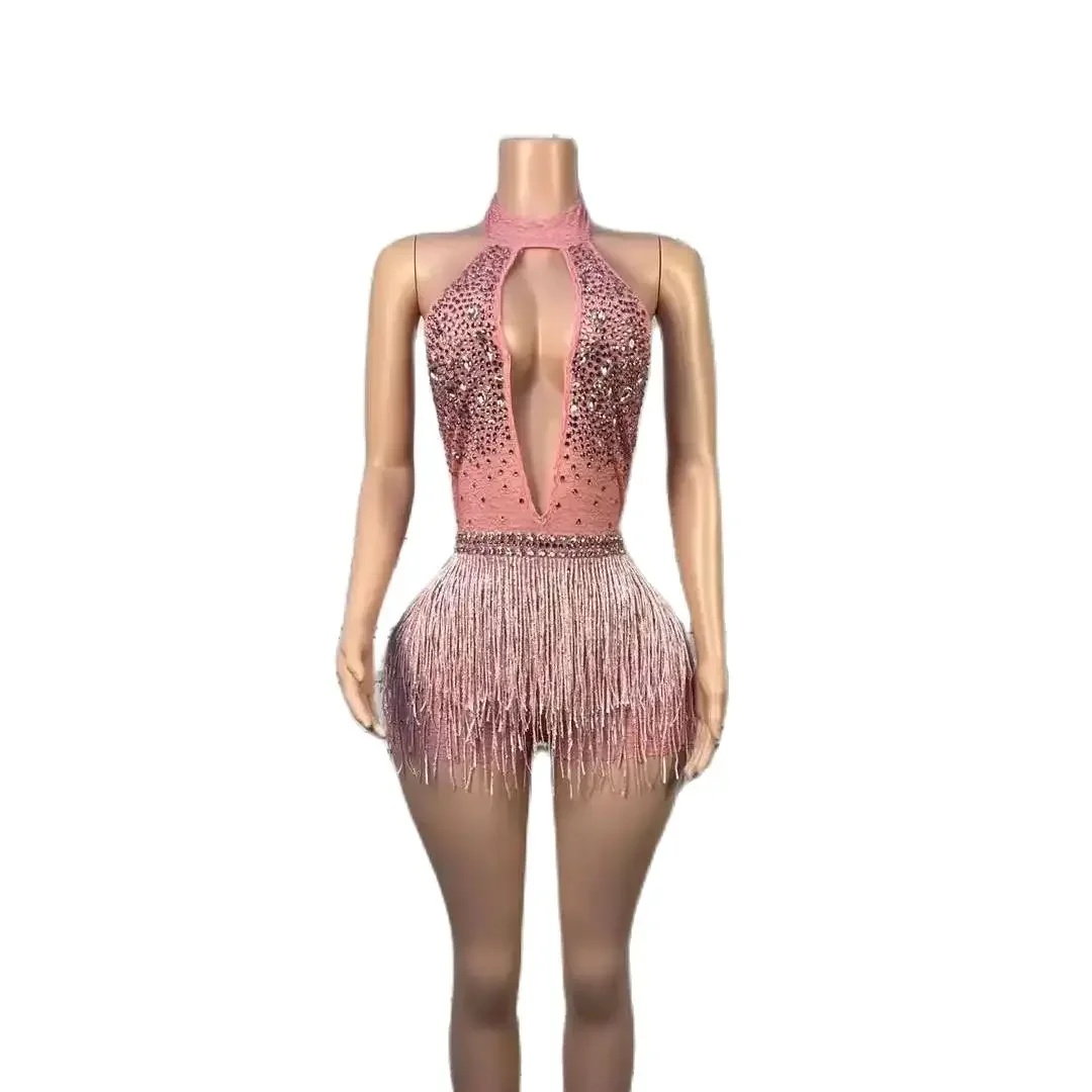 

Newest Shiny Rhinestones Pink Fringe Leotard Women Gogo Sexy Dance Performance Costume Singer Dancer Stage Bodysuit DJ Club Wear