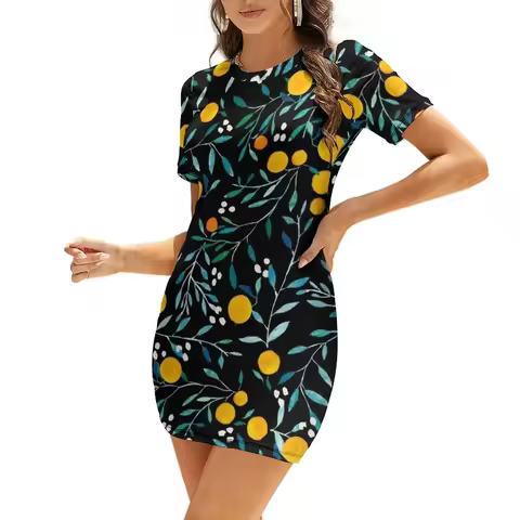 Oranges on Black Short-Sleeved Dress Long dress Woman clothing women's clothing korea stylish evening dress