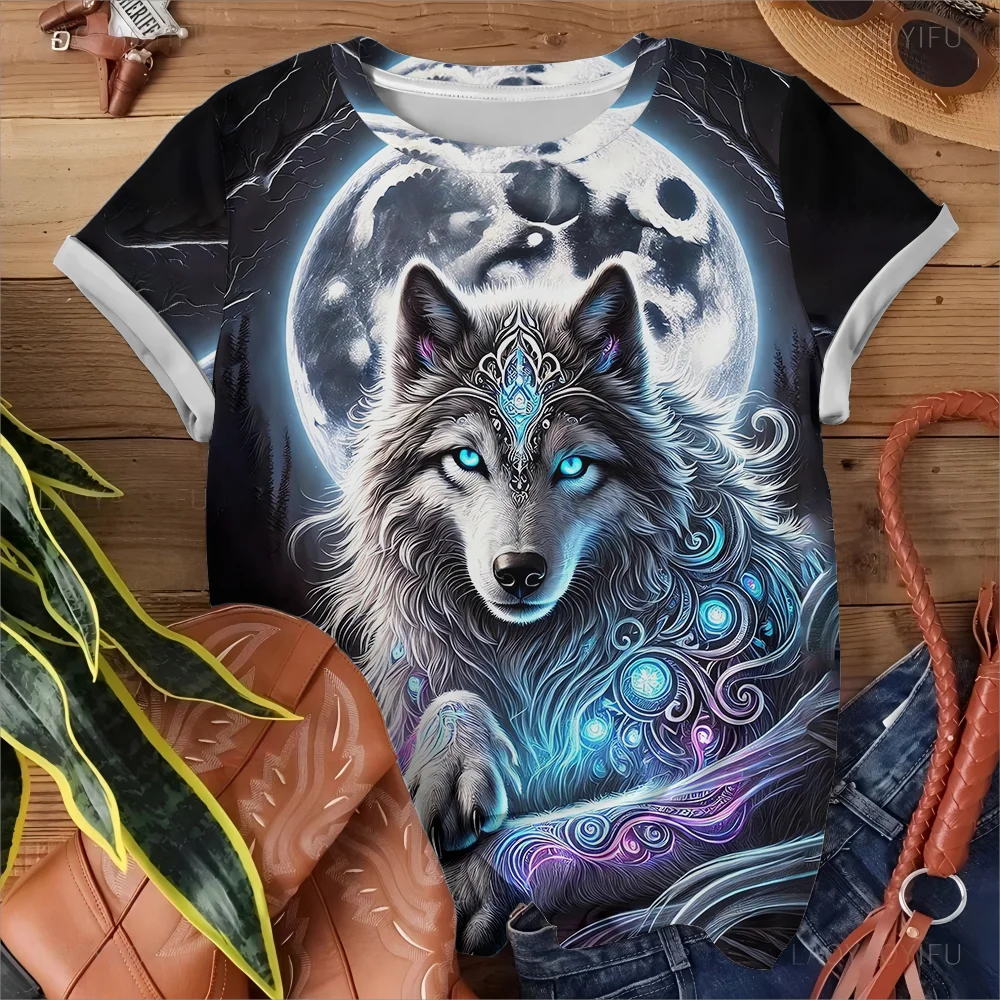T-shirt col rond femme, imprimé en 3D, motif loup, Hip Hop Street Harajuku Plus Street, manches courtes noires, Streetwear Y2K, nouvelle collection