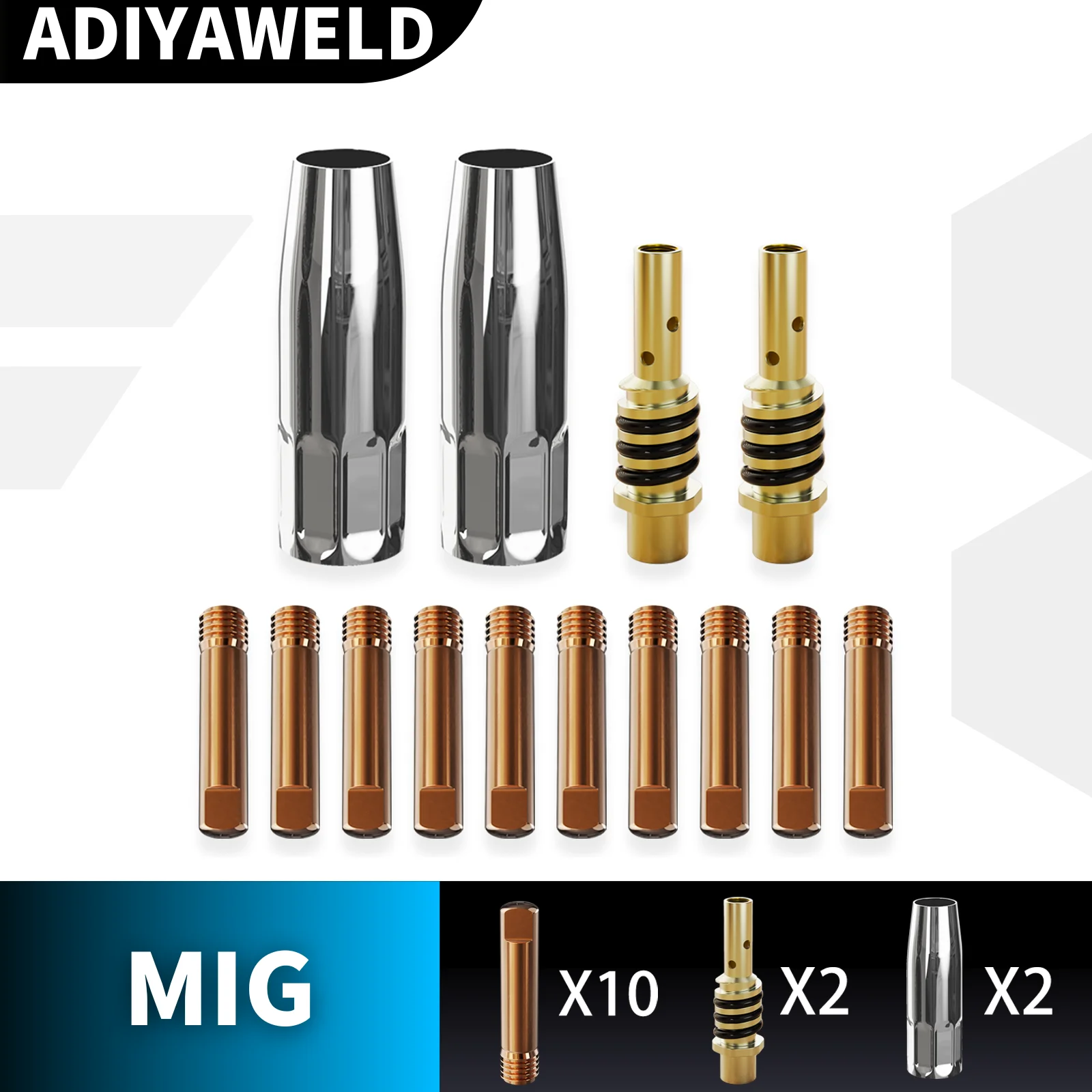 Adiyaweld-連絡先ガスノズル,15akワイヤー溶接トーチ,チップホルダーチップ,0.8mm, 1.0mm, 14個,28個