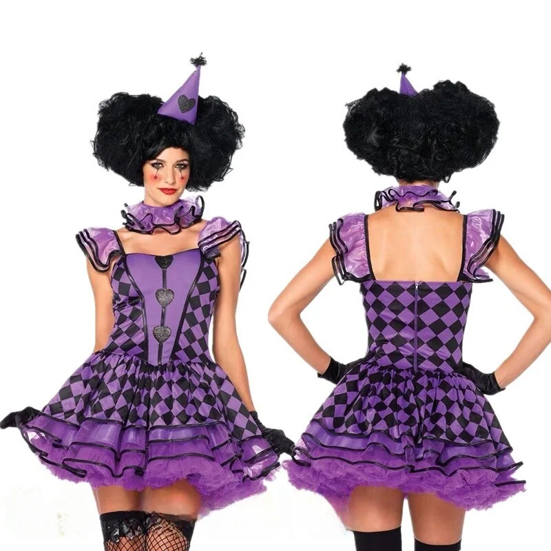 

Adult Women's Halloween Costume Purple Circus Clown Short Skirt Magician Clown Performance Outfit Ghost Bride Traditional Eth...