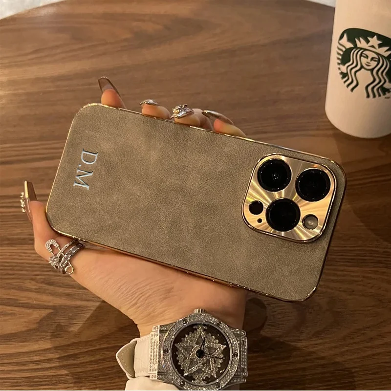 Personalized Leather Case For Iphone 11 12 13 14 15 Pro Max Custom Name Initials Monogram Aluminum Metal Lens Plating Cover 15