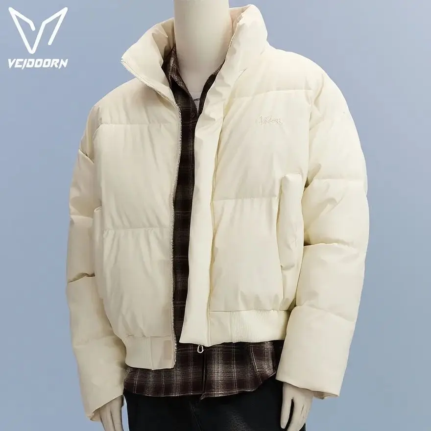 

Veidoorn Unisex Winter Short Jacket Stand Collar Trendy Parka Coat Waterproof Warm Padded Thermal Outerwear for Men Women