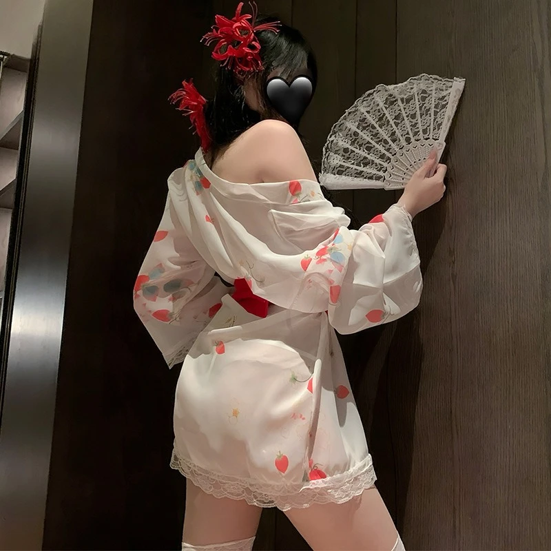 شفافة نمط الفراولة طباعة مثير كيمونو مغر الدانتيل طويلة الأكمام القوس فستان أنيق سحر ثوب النوم اليابانية البشكير #4