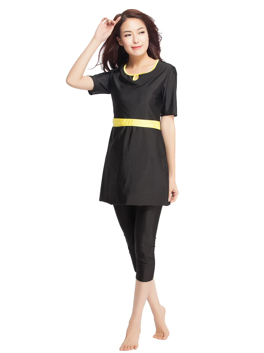 Summer Muslim Swimwear for Women 2 Set with Chest Pad No Steel Ring Swimsuit Sportwear Black Clothing Highly Elastic