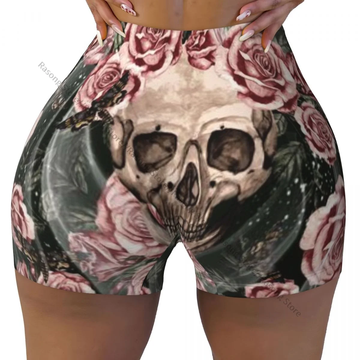 Yoga Shorts Watercolor Skulls And Roses Women Biker Tight Elastic Workout Sports Leggings Sportswear