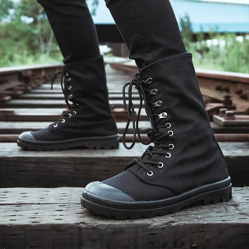 Mid-calf Men Canvas Boots Lace Up Tactical Men Shoes High top Sneakers Military Boots Work Shoes Jungle Mountaineering Shoes Men