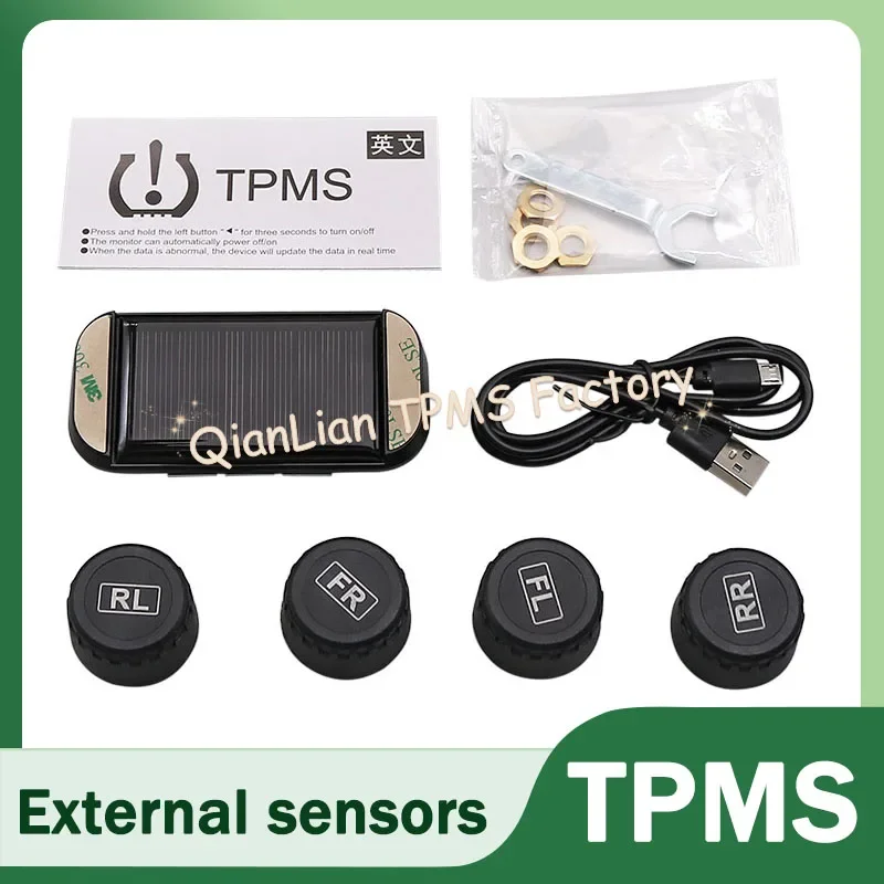 نظام مراقبة ضغط الإطارات TPMS بالطاقة الشمسية، تحذير من درجة الحرارة، توفير الوقود مع 4 أجهزة استشعار خارجية لمراقبة ضغط إطارات السيارة
