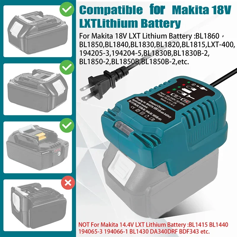 12V/24V 100-240V Li-ion Battery Mini Compact Car Charger for Makita 18V Lithium Ion Battery BL1860 BL1830 Replacement for DC18RC