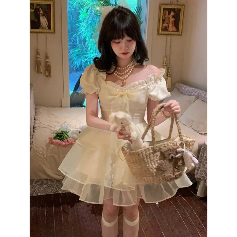 

Puff Sleeve Sweet Korean Women Chiffon Japanese Kawaii Lolita Female 2023 Bow France Elegant Party Mini Fairy Dress