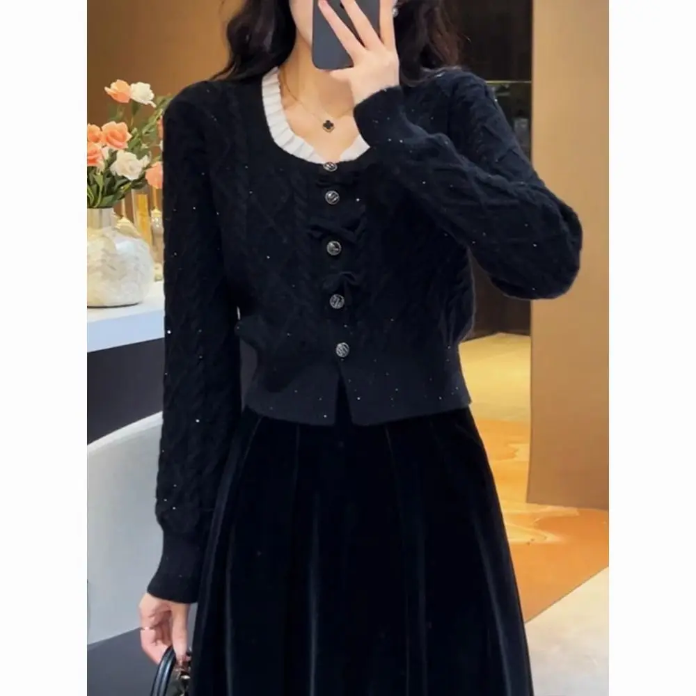 Chaqueta suéter con lazo de encaje francés para mujer, cárdigan de punto holgado y a la moda, Top corto, primavera y otoño
