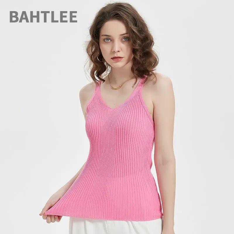 

BAHTLEE-Women's 100% Lyocell Slim V-Neck Elastic Vest, Club Knit Pullover, Sleeveless Sweater, Sexy, Summer