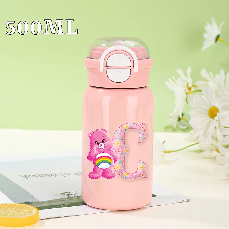 Care Bears Isolier-Wasserflasche, Kawaii Anime, 26 Buchstaben, bedruckt, Wasserbecher, tragbar, auslaufsicher, Sportflaschen, Trinkbecher, Geschenk