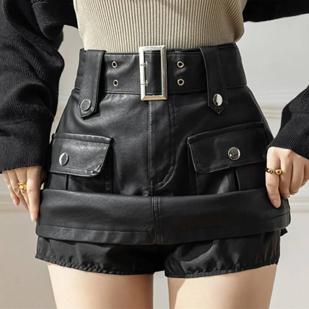 

Leather Skirts for Women High Waist Fashion Clothing Belt Vintage A-LINE Office Ladies Pu Skirt Y2k Midi Black Mujer