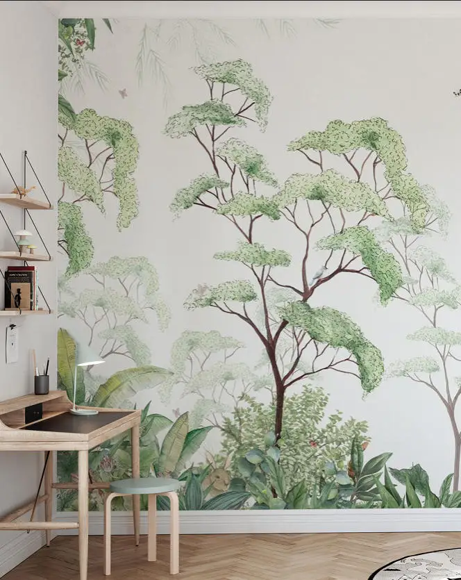 Customized Size Wallpaper Nordic Art Green Forest Plant Landscape Mural Forest Tree Wallpaper Home Decoration Wall Stickers