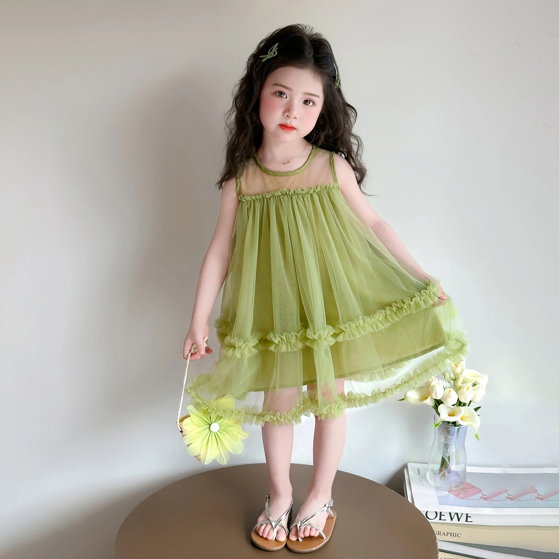 

2026 Summer New Girls Daily Sleeveless Dress Baby Girls Mesh Splicing Sweet Cute Dress Fashion O-neck Children Princess Dress