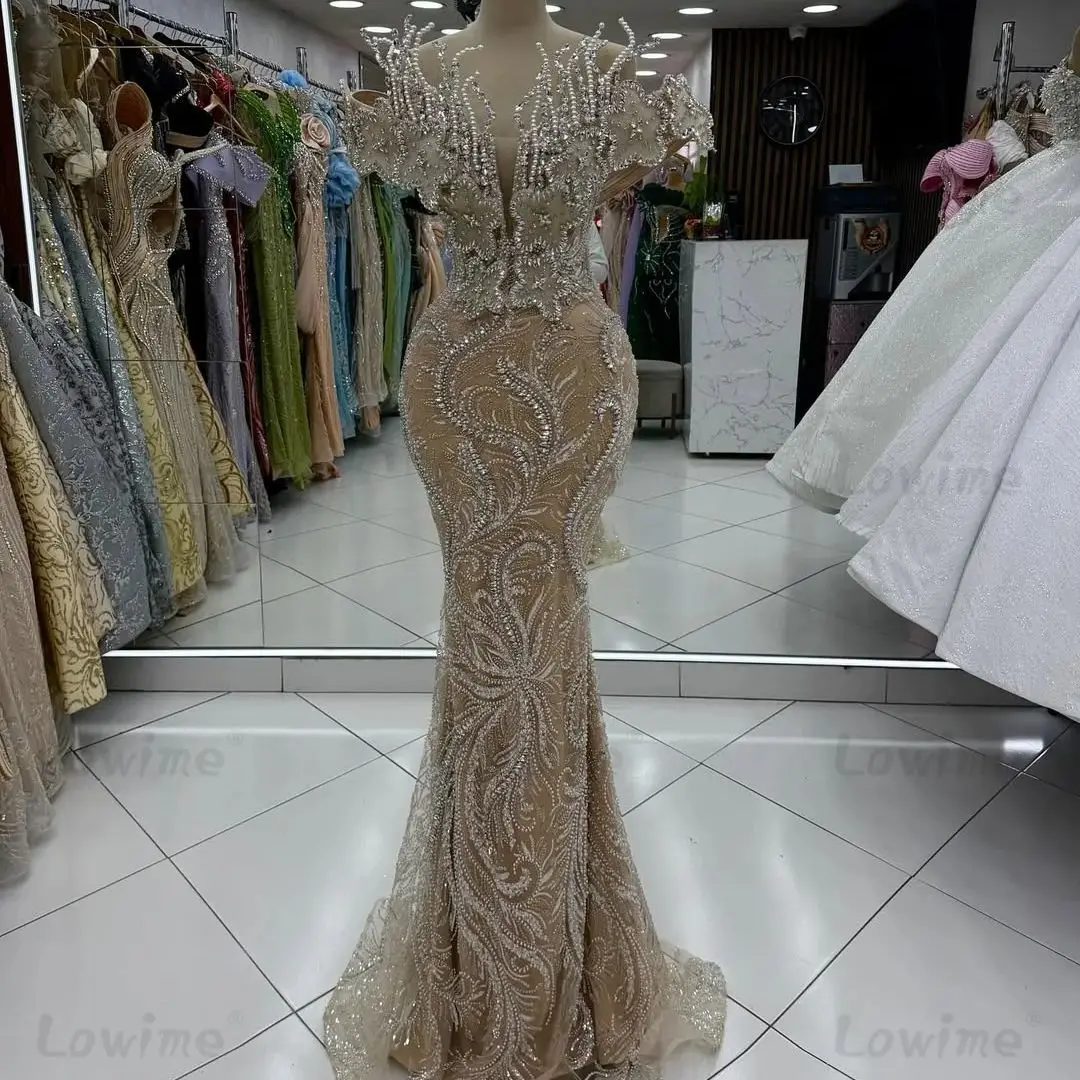 فساتين سهرة مخصصة بلون الشمبانيا طويلة بكريستال زهري قبالة الكتف فساتين حفلات حورية البحر فستان حفلة موسيقية عربي مطرز باللؤلؤ