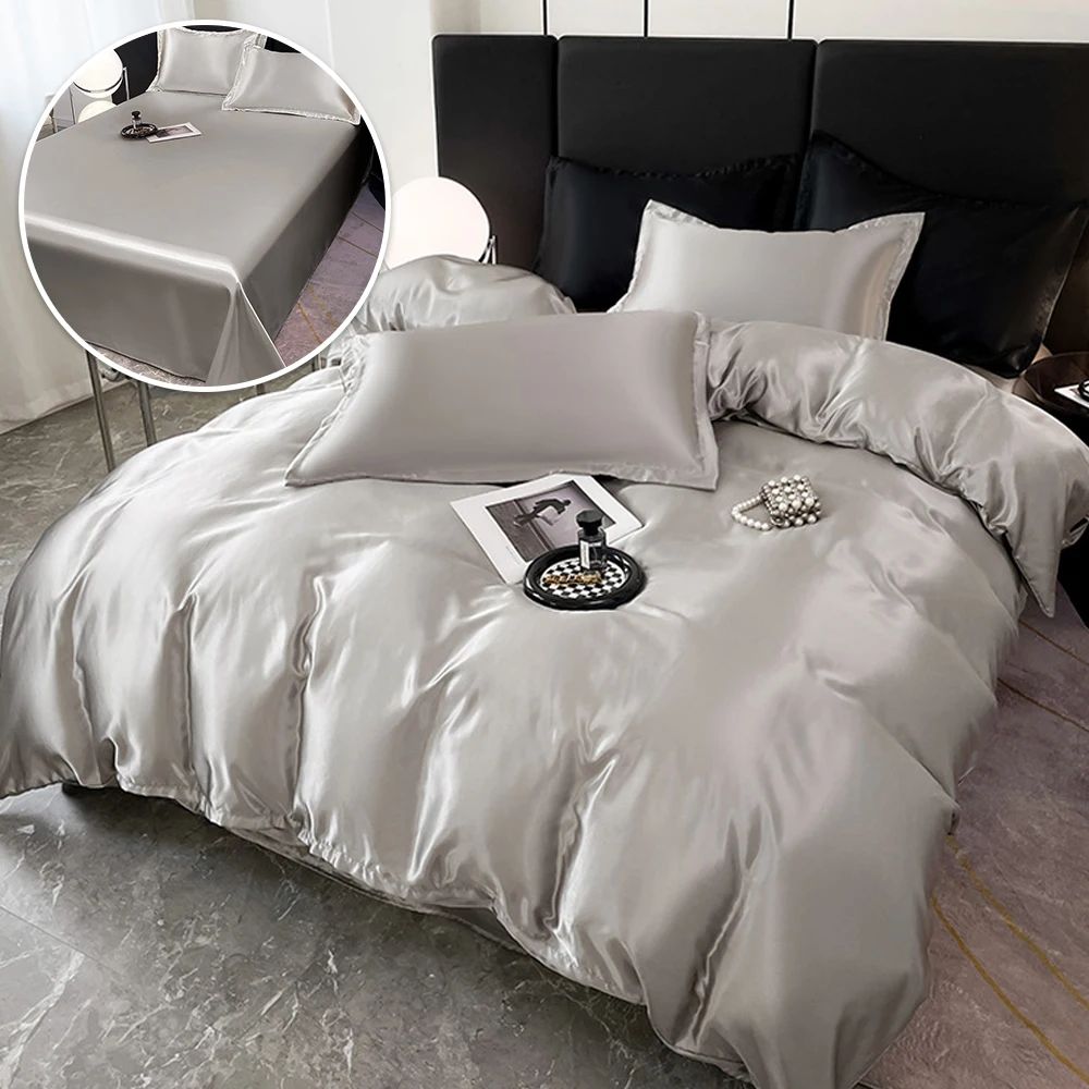 

4PCS Satin Duvet Cover Set Rich Silk Silky Soft Solid Bedding Sets Wrinkle Free Bedding Set Luxury Duvet Set King Size 침구류