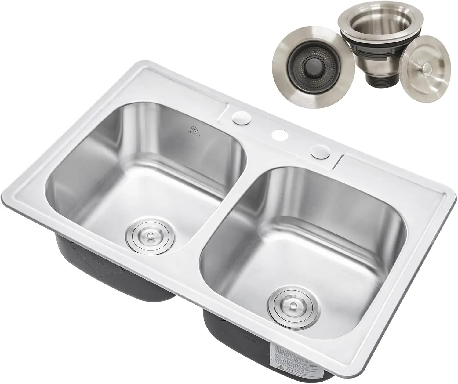 33 x 22 x 9 Inch 50/50 Top-mount/Drop-in Stainless Steel Double Bowl Kitchen Sink with Strainer - 18 Gauge Stainless Steel