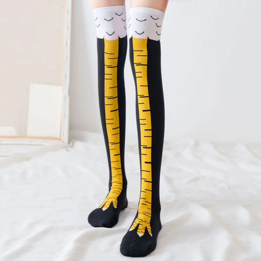 1 par feminino joelho meias altas na moda dos desenhos animados engraçado frango garra meias de fitness esportes casuais perna fina longo tubo meias femininas